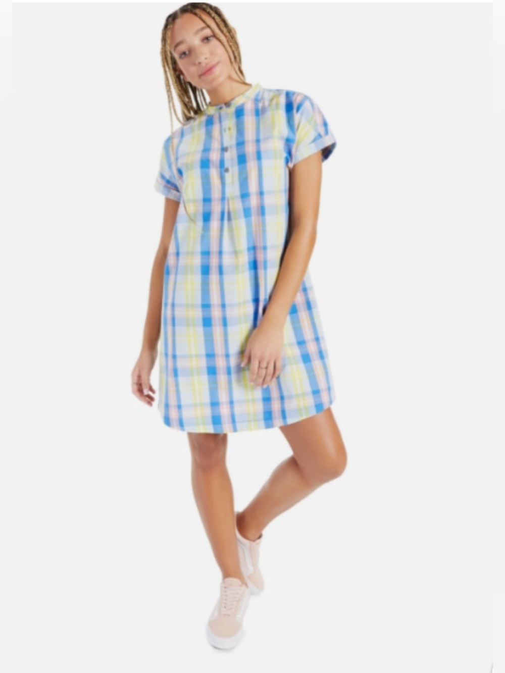 Style &Co Pink Yellow and Blue Plaid Shirtdress w/buttons Shortsleeve - LP